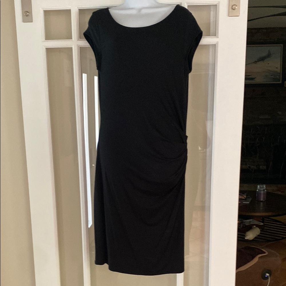 Three Dots Black Ruched Cap Sleeve Midi Dress